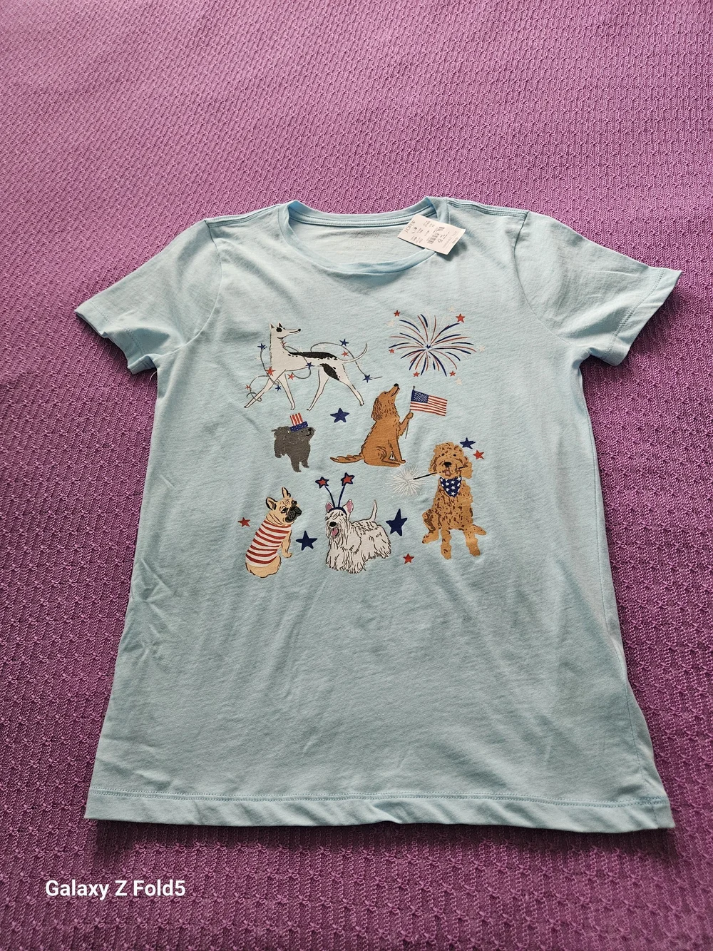 J. Crew Light Blue Graphic Dog Tee with Red, White & Blue Accents Size XS